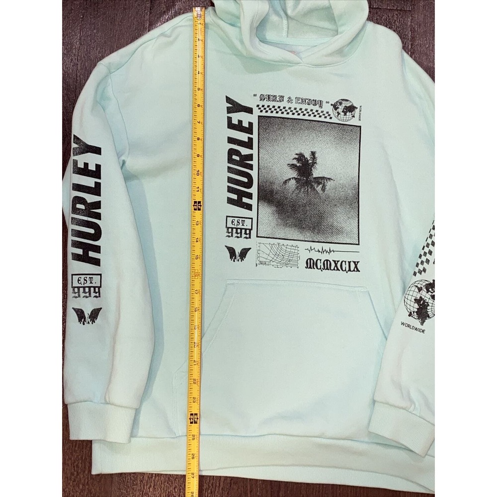RARE Hurley Worldwide Hoodie Surf & Enjoy‎ Est. 999 Sweatshirt Sea Green Palm - Picture 6 of 8